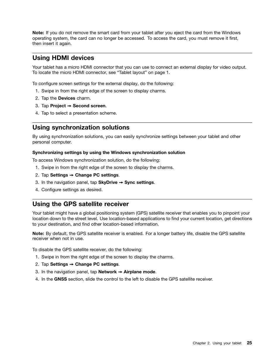 Using hdmi devices, Using synchronization solutions, Using the gps satellite receiver | Lenovo ThinkPad 10 User Manual | Page 33 / 102