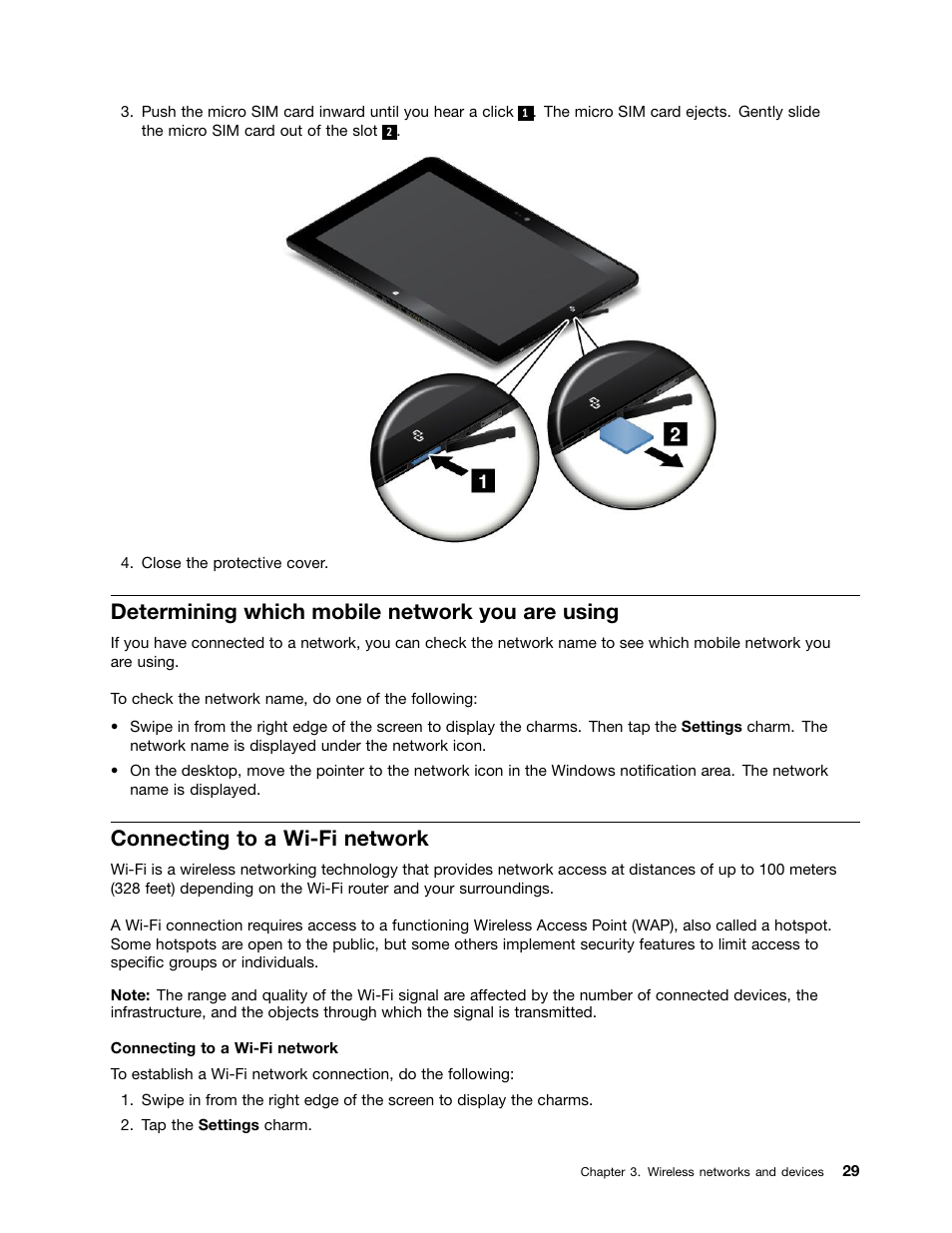 Determining which mobile network you are using, Connecting to a wi-fi network | Lenovo ThinkPad 10 User Manual | Page 37 / 102