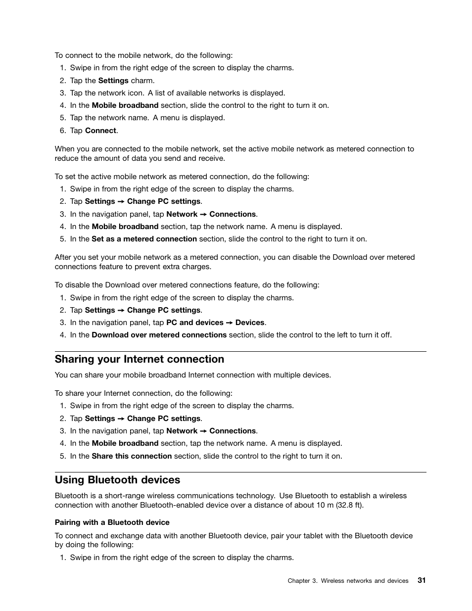 Sharing your internet connection, Using bluetooth devices | Lenovo ThinkPad 10 User Manual | Page 39 / 102