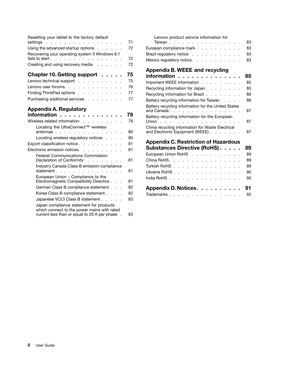 Chapter 10. getting support, Appendix a. regulatory information, Appendix b. weee and recycling information | Appendix d. notices | Lenovo ThinkPad 10 User Manual | Page 4 / 102