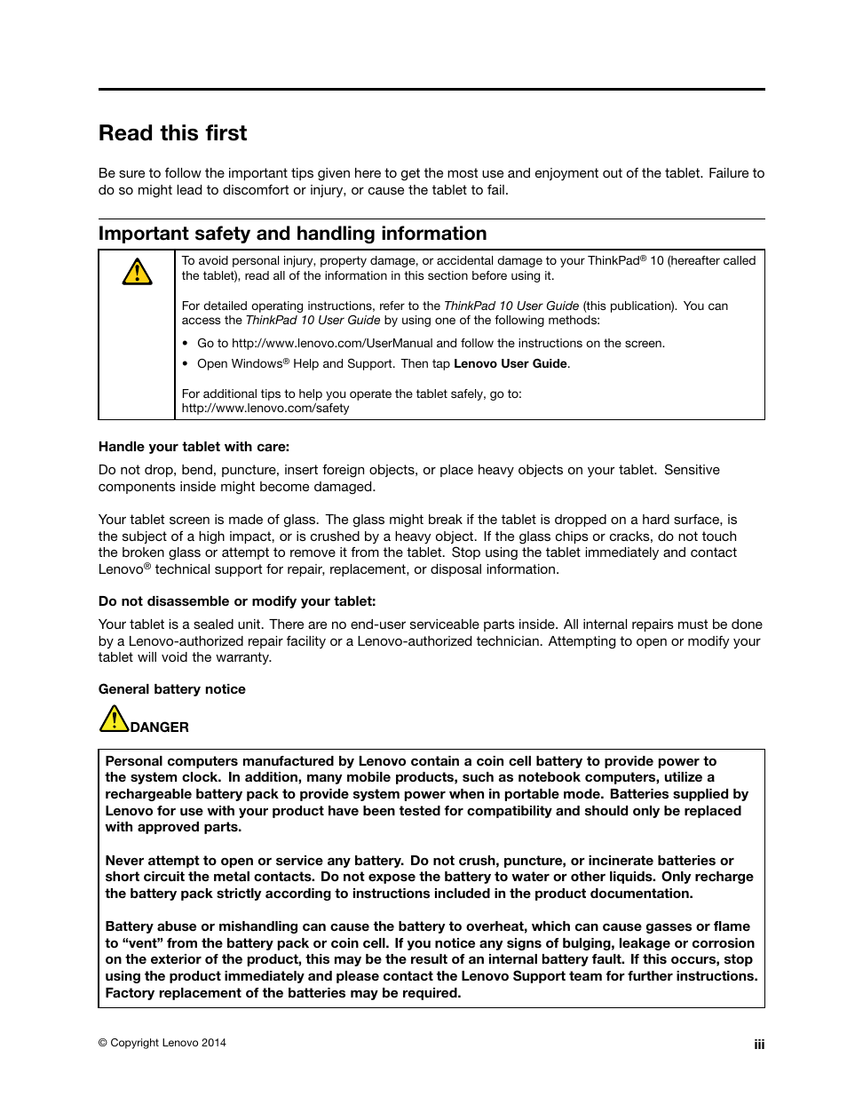 Read this first, Important safety and handling information | Lenovo ThinkPad 10 User Manual | Page 5 / 102