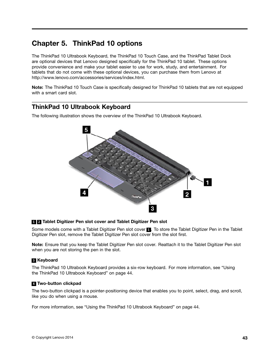 Chapter 5. thinkpad 10 options, Thinkpad 10 ultrabook keyboard | Lenovo ThinkPad 10 User Manual | Page 51 / 102