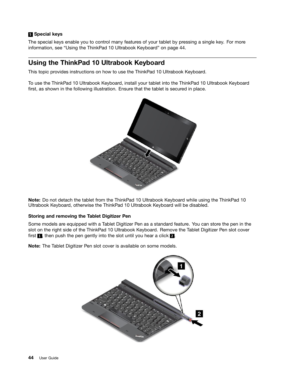 Using the thinkpad 10 ultrabook keyboard | Lenovo ThinkPad 10 User Manual | Page 52 / 102