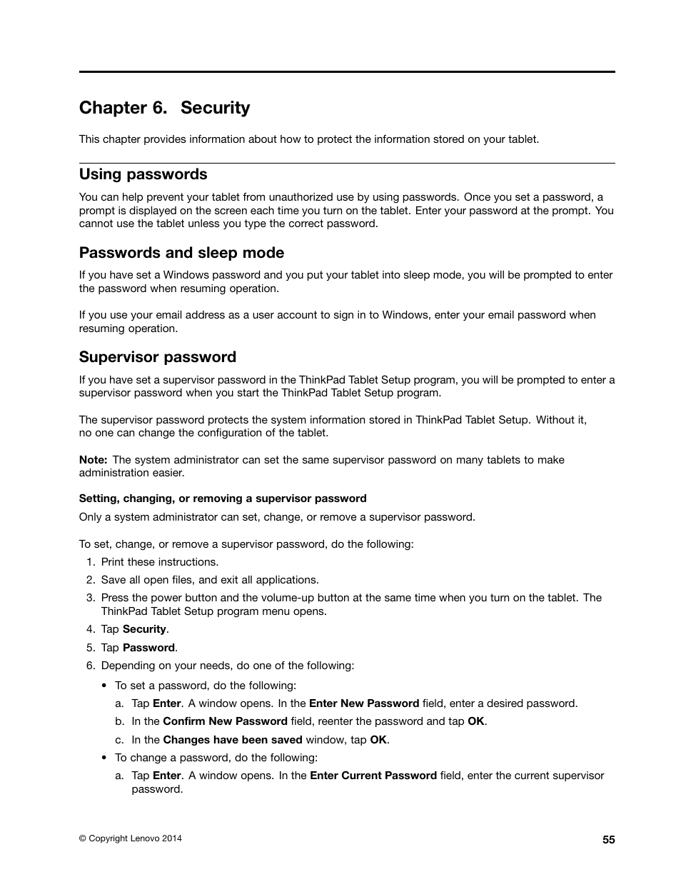 Chapter 6. security, Using passwords, Passwords and sleep mode | Supervisor password | Lenovo ThinkPad 10 User Manual | Page 63 / 102