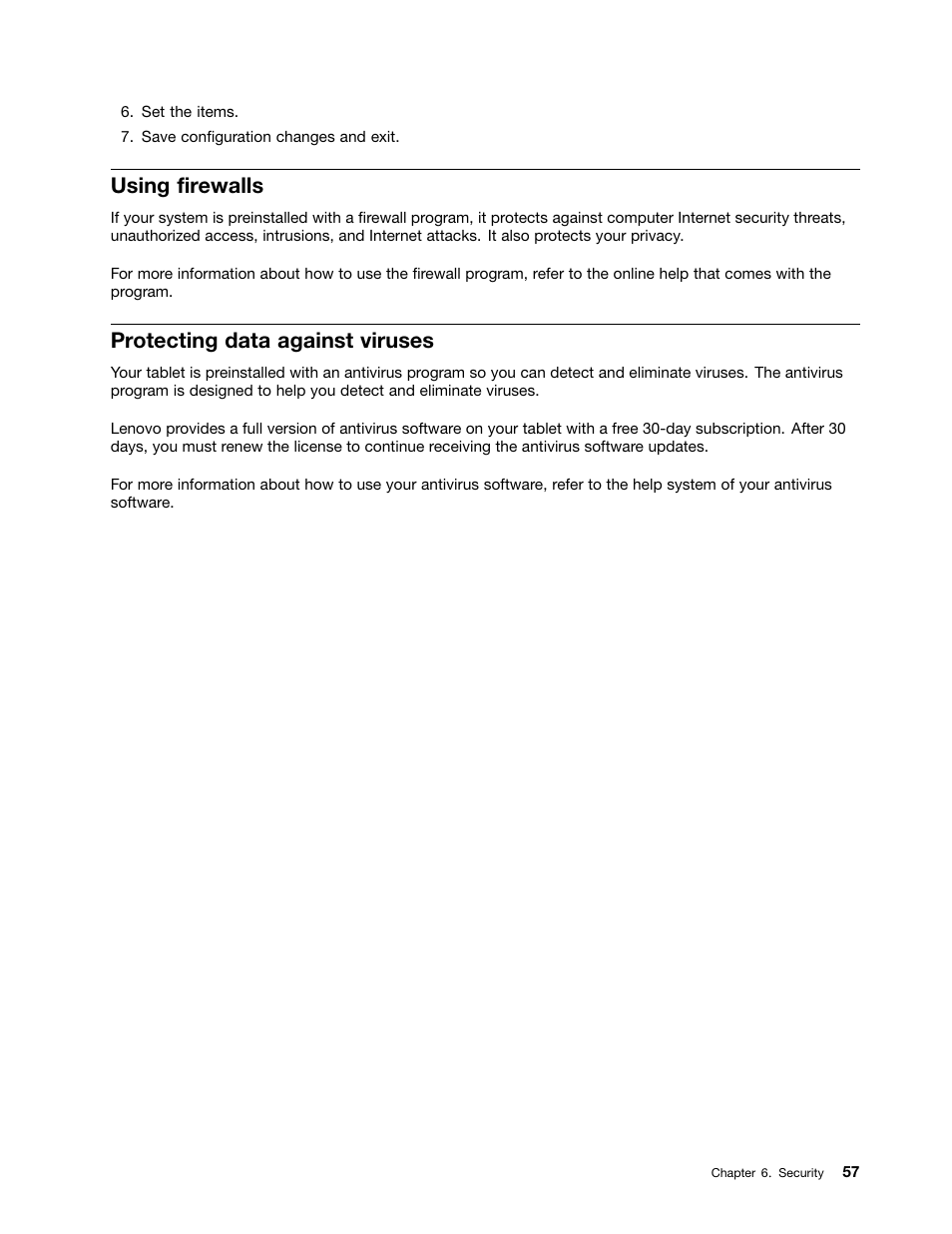 Using firewalls, Protecting data against viruses | Lenovo ThinkPad 10 User Manual | Page 65 / 102