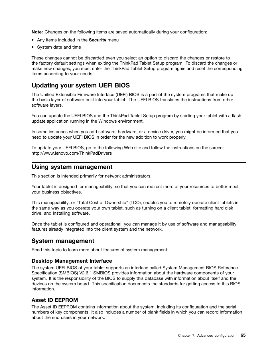 Updating your system uefi bios, Using system management, System management | Lenovo ThinkPad 10 User Manual | Page 73 / 102