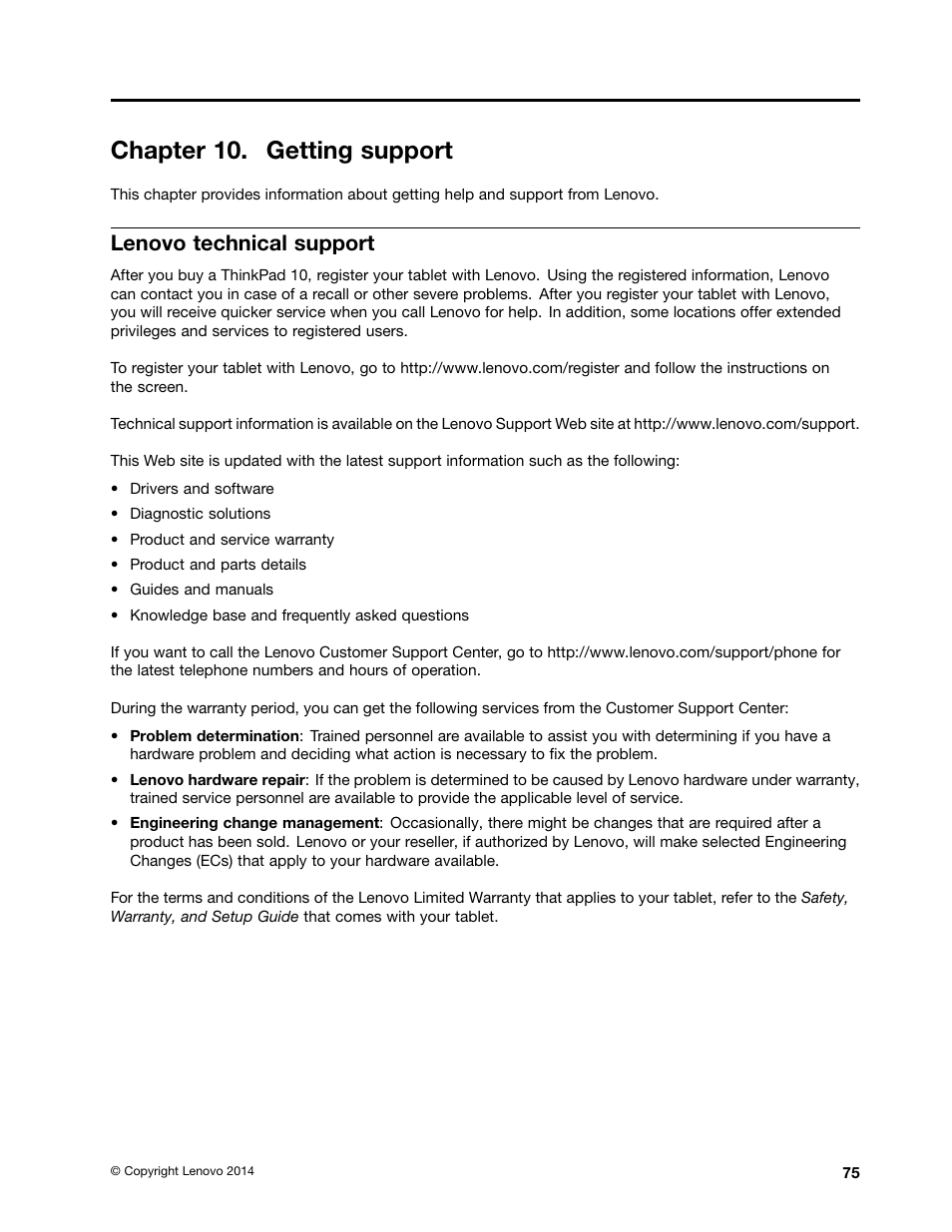 Chapter 10. getting support, Lenovo technical support | Lenovo ThinkPad 10 User Manual | Page 83 / 102