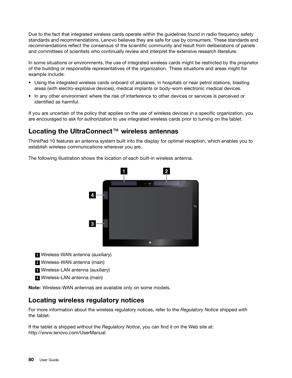 Locating the ultraconnect™ wireless antennas, Locating wireless regulatory notices, Locating the ultraconnect ™ wireless antennas | Lenovo ThinkPad 10 User Manual | Page 88 / 102