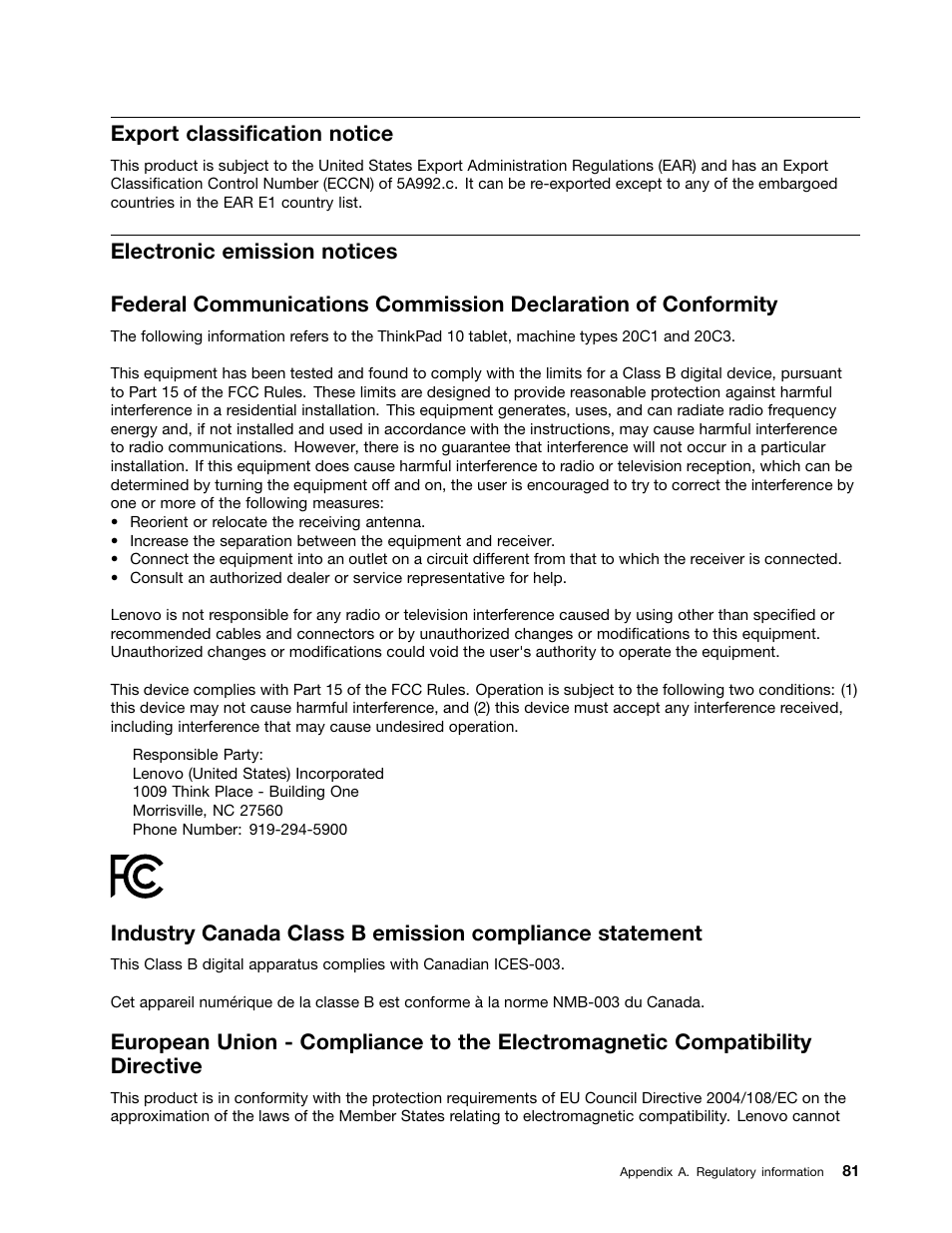 Export classification notice, Electronic emission notices | Lenovo ThinkPad 10 User Manual | Page 89 / 102