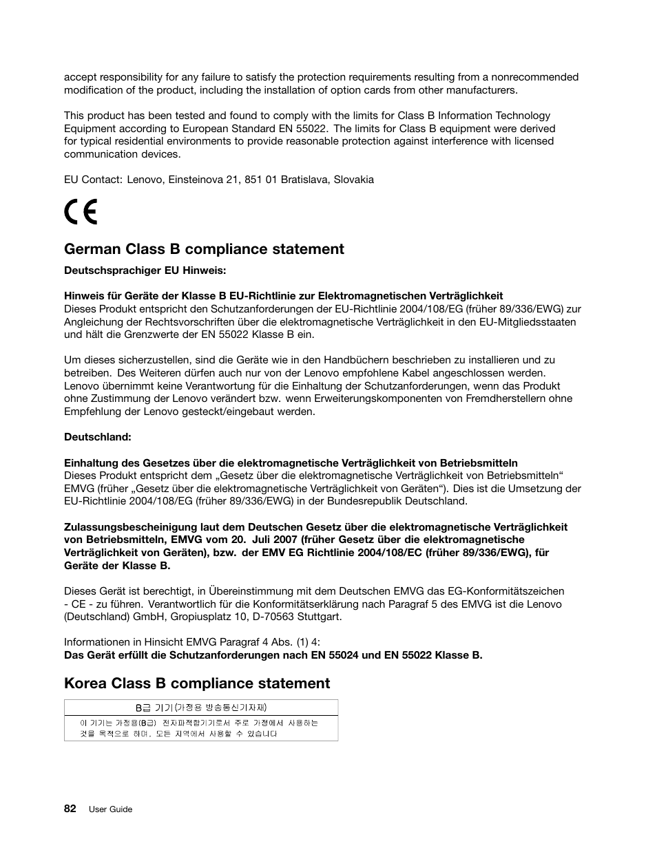 German class b compliance statement, Korea class b compliance statement | Lenovo ThinkPad 10 User Manual | Page 90 / 102