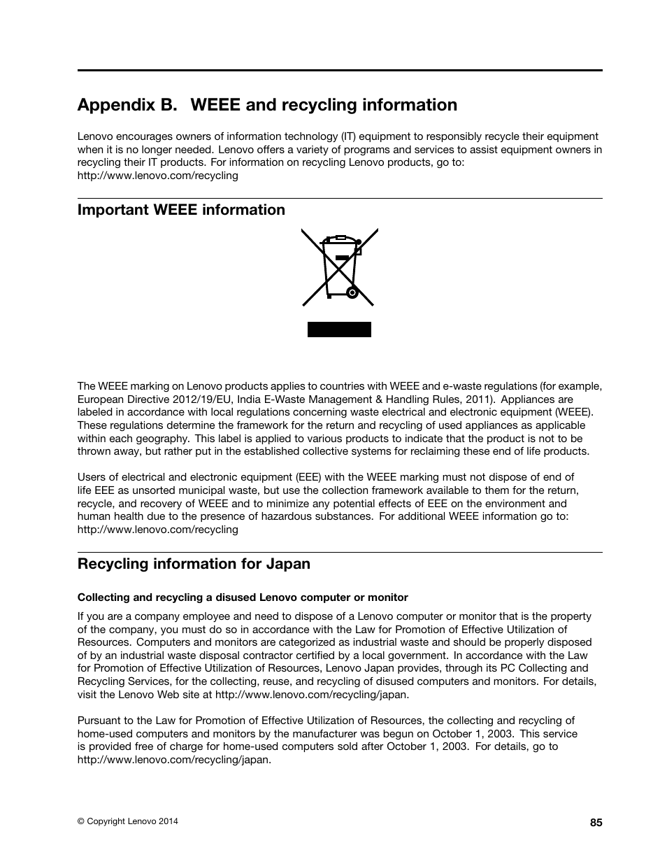 Appendix b. weee and recycling information, Important weee information, Recycling information for japan | Lenovo ThinkPad 10 User Manual | Page 93 / 102