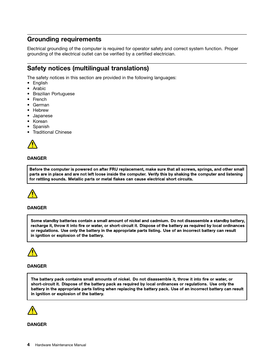 Grounding requirements, Safety notices (multilingual translations) | Lenovo N20 Chromebook User Manual | Page 10 / 62