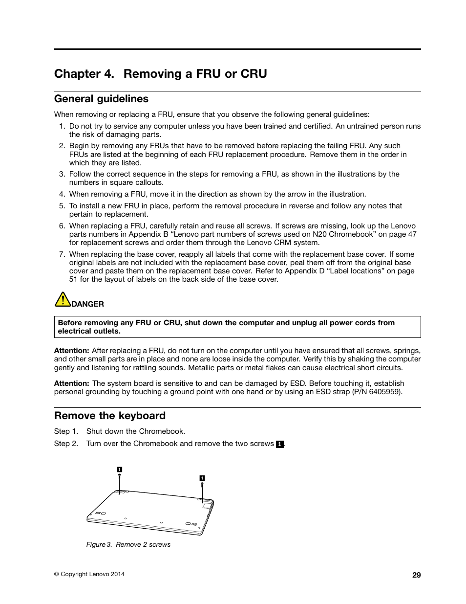 Chapter 4. removing a fru or cru, General guidelines, Remove the keyboard | Lenovo N20 Chromebook User Manual | Page 35 / 62