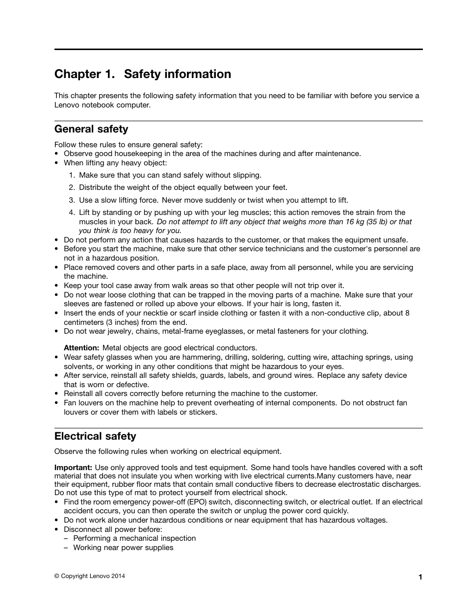 Chapter 1. safety information, General safety, Electrical safety | Lenovo N20 Chromebook User Manual | Page 7 / 62