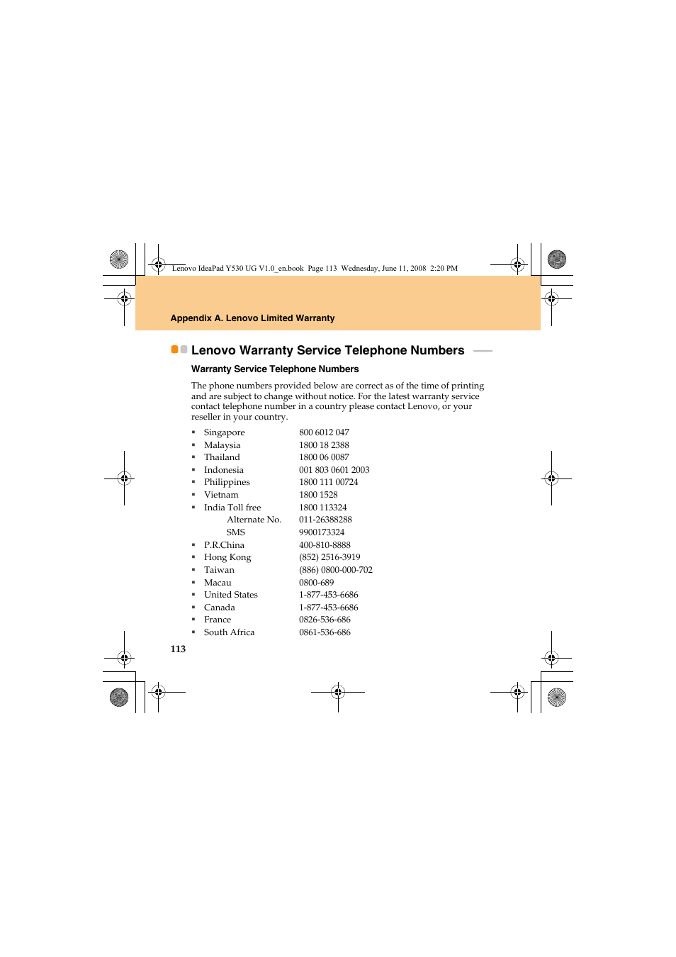 Lenovo warranty service telephone numbers | Lenovo IdeaPad Y530 User Manual | Page 122 / 152