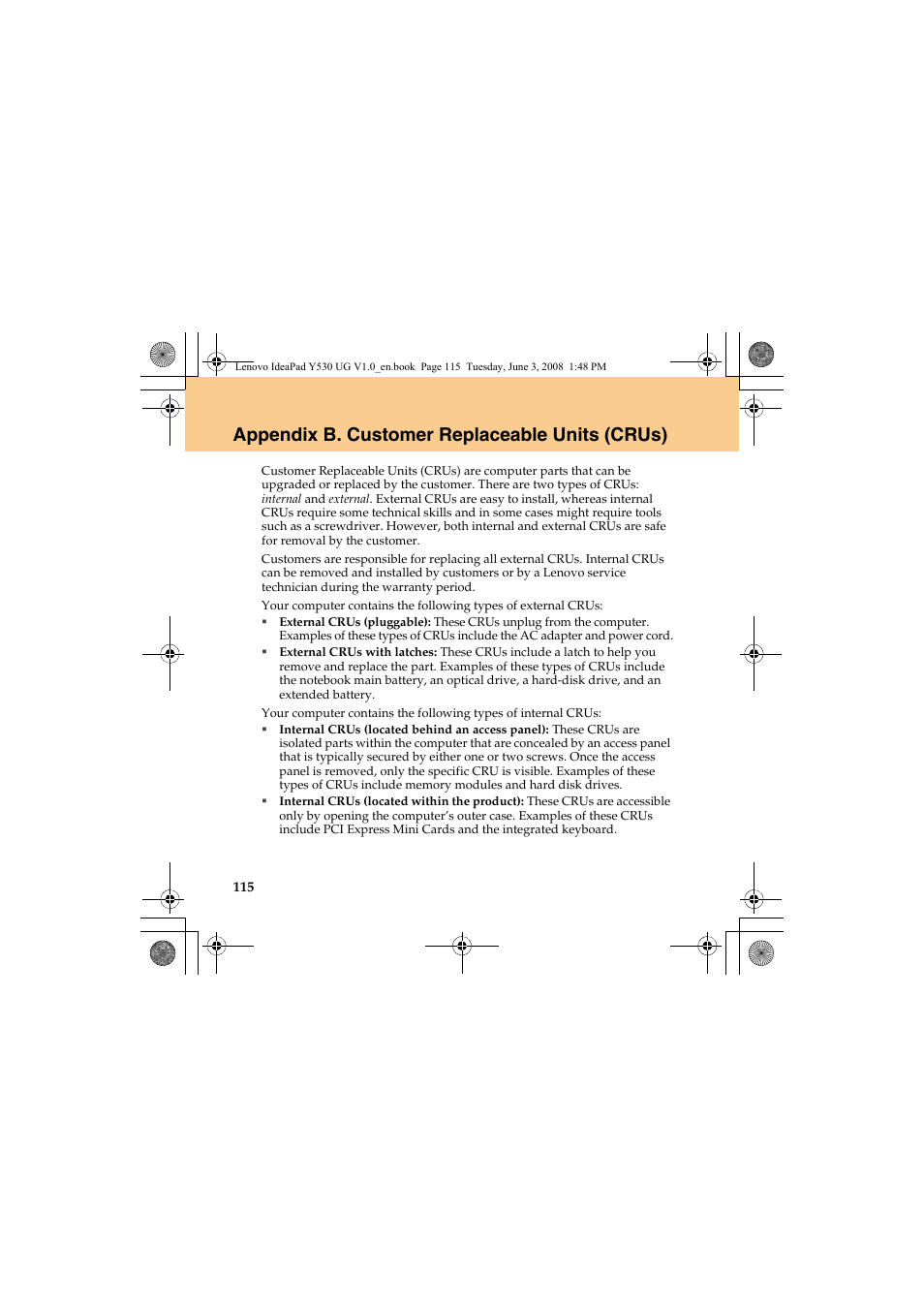 Appendix b. customer replaceable units (crus) | Lenovo IdeaPad Y530 User Manual | Page 124 / 152