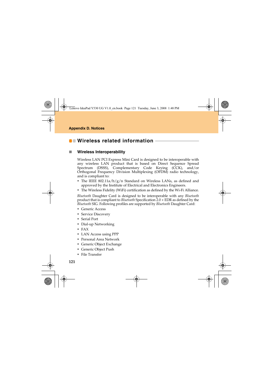 Wireless related information | Lenovo IdeaPad Y530 User Manual | Page 130 / 152