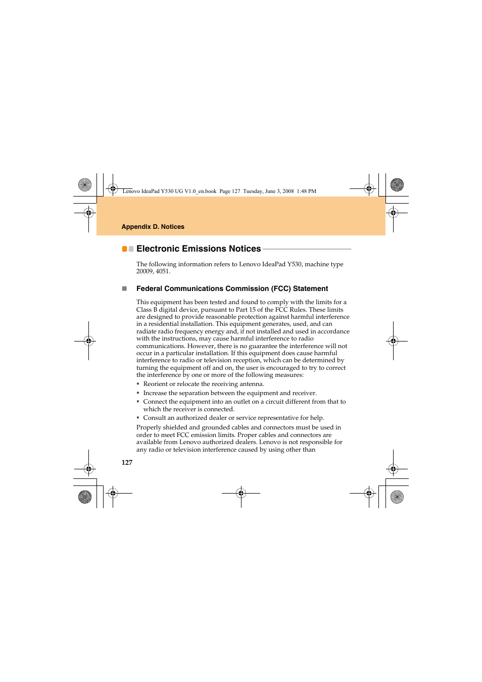 Electronic emissions notices | Lenovo IdeaPad Y530 User Manual | Page 136 / 152