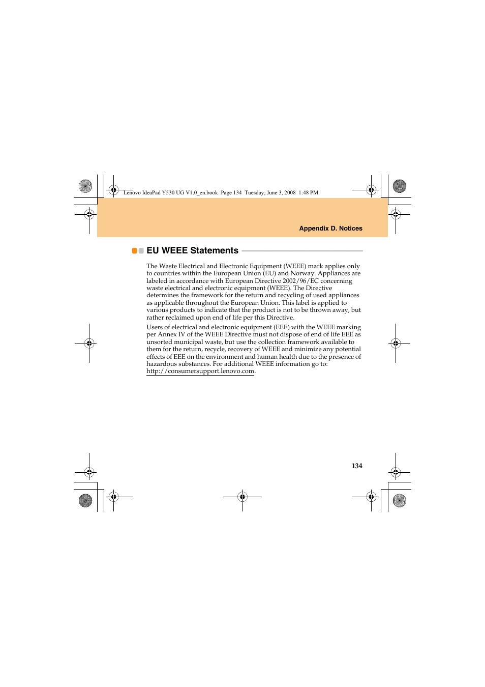 Eu weee statements | Lenovo IdeaPad Y530 User Manual | Page 143 / 152