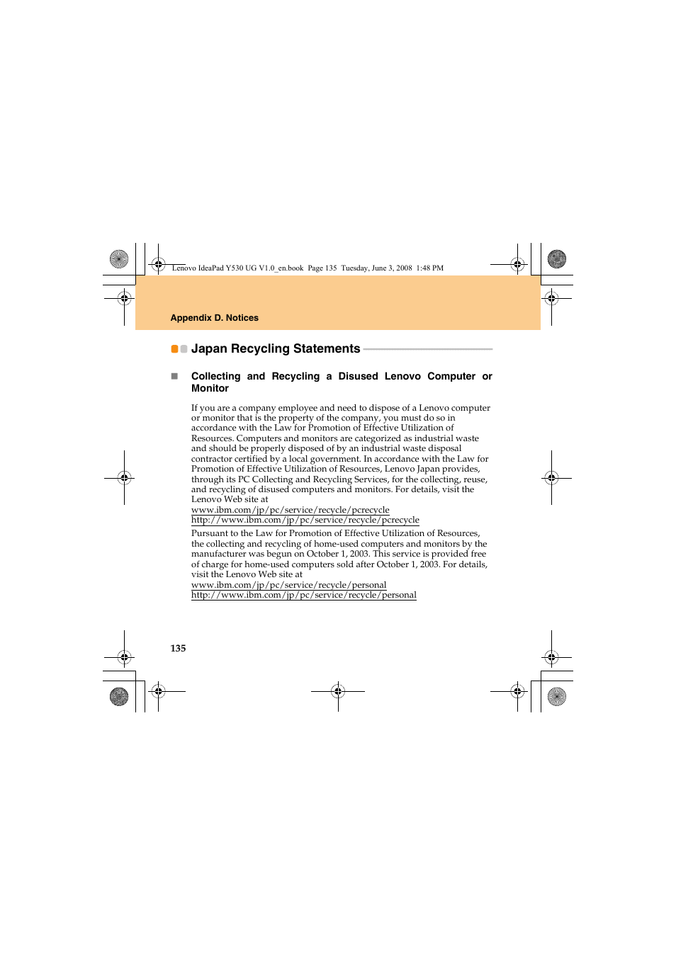 Japan recycling statements | Lenovo IdeaPad Y530 User Manual | Page 144 / 152