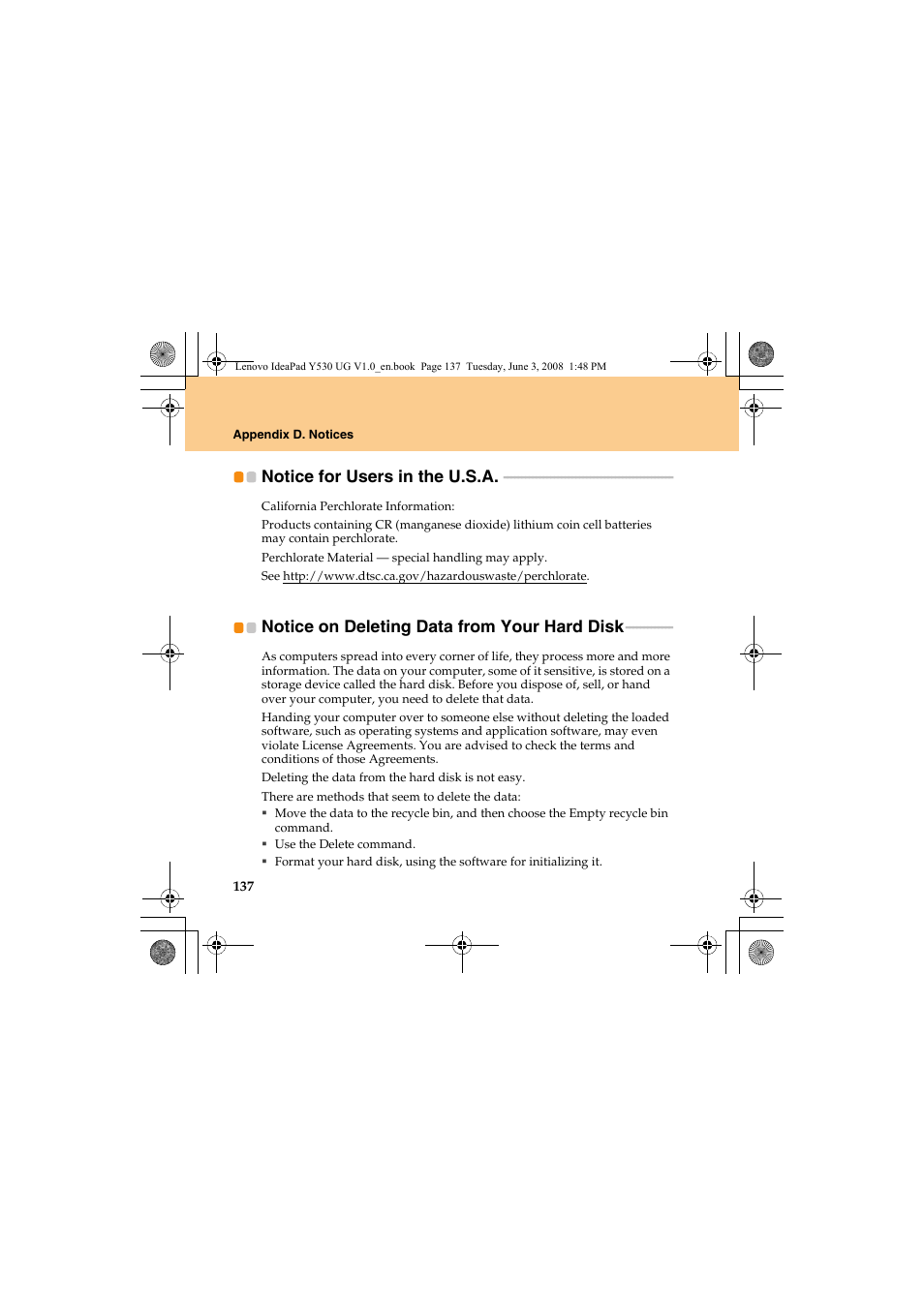 Notice for users in the u.s.a, Notice on deleting data from your hard disk | Lenovo IdeaPad Y530 User Manual | Page 146 / 152