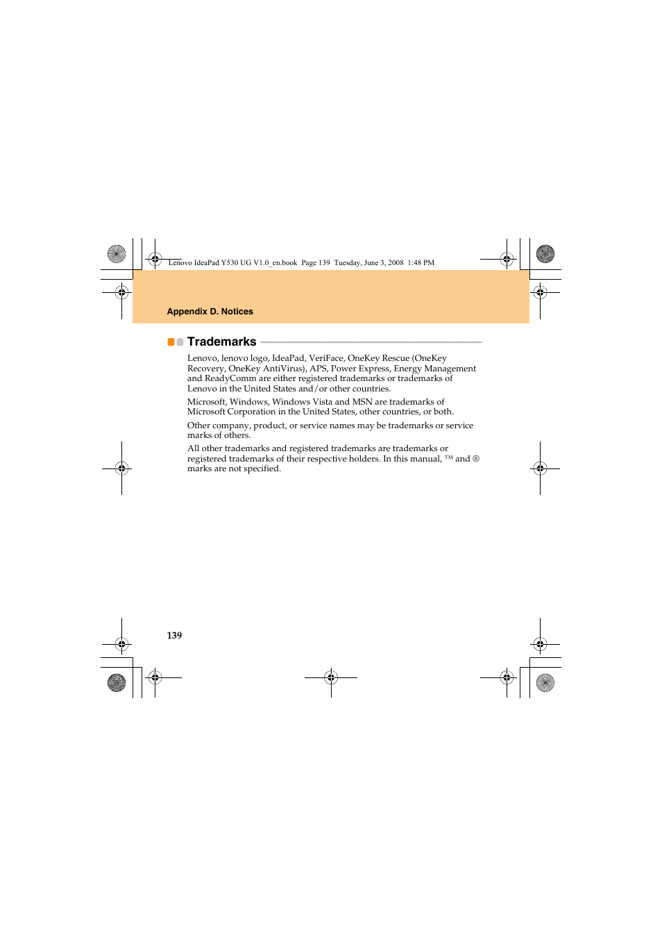 Trademarks | Lenovo IdeaPad Y530 User Manual | Page 148 / 152