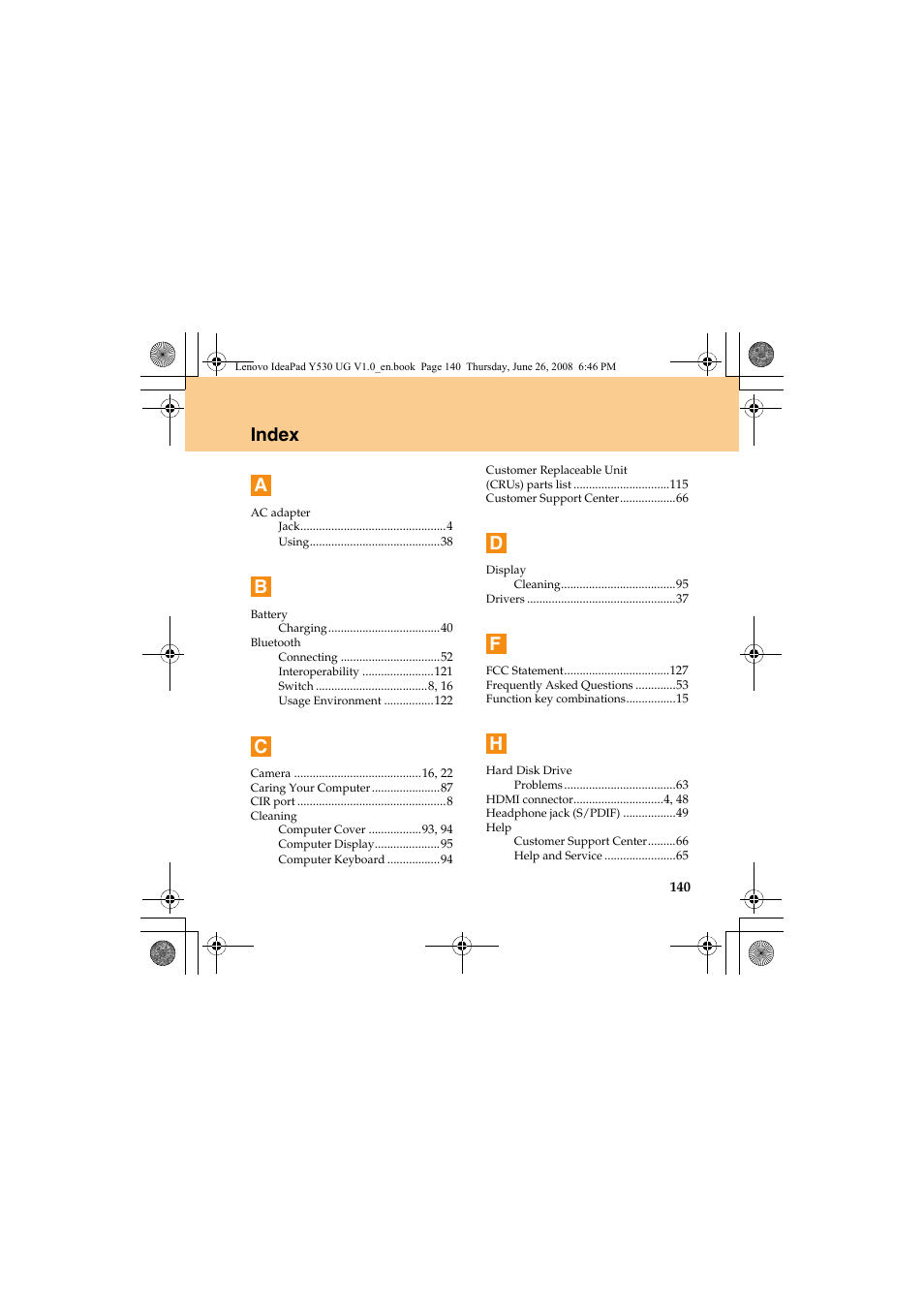 Index a | Lenovo IdeaPad Y530 User Manual | Page 149 / 152