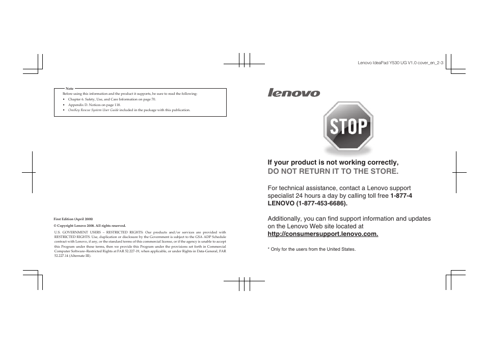 Do not return it to the store, If your product is not working correctly | Lenovo IdeaPad Y530 User Manual | Page 2 / 152