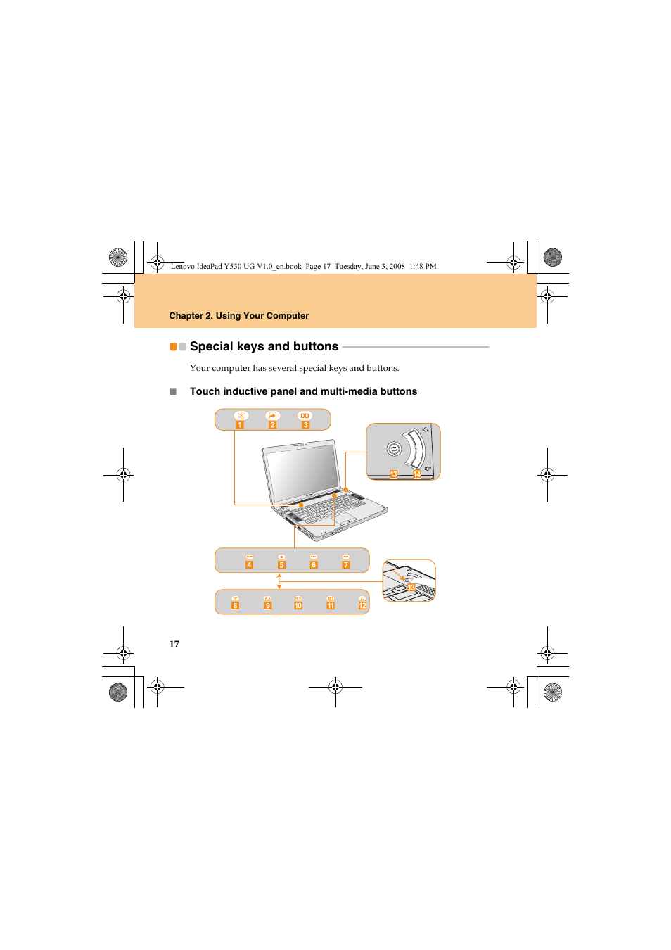 Special keys and buttons | Lenovo IdeaPad Y530 User Manual | Page 26 / 152