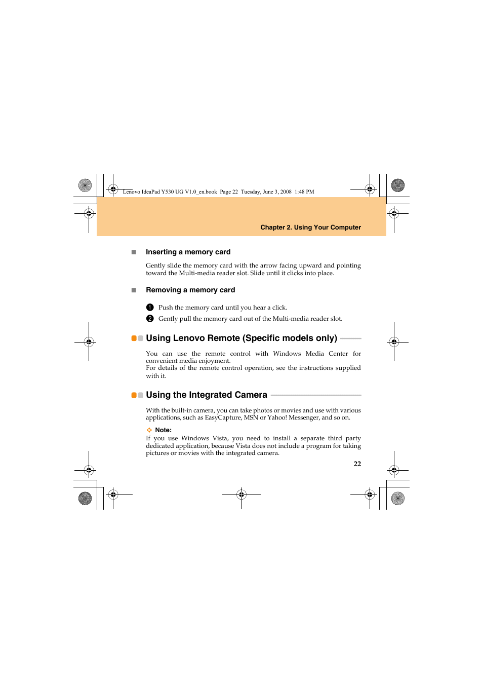 Using lenovo remote (specific models only), Using the integrated camera | Lenovo IdeaPad Y530 User Manual | Page 31 / 152