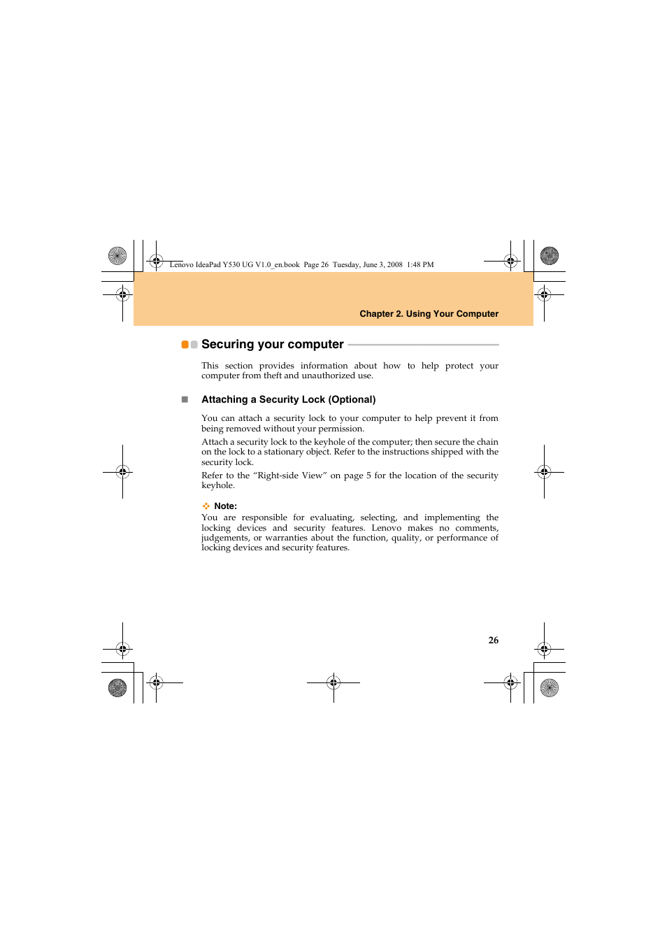 Securing your computer | Lenovo IdeaPad Y530 User Manual | Page 35 / 152