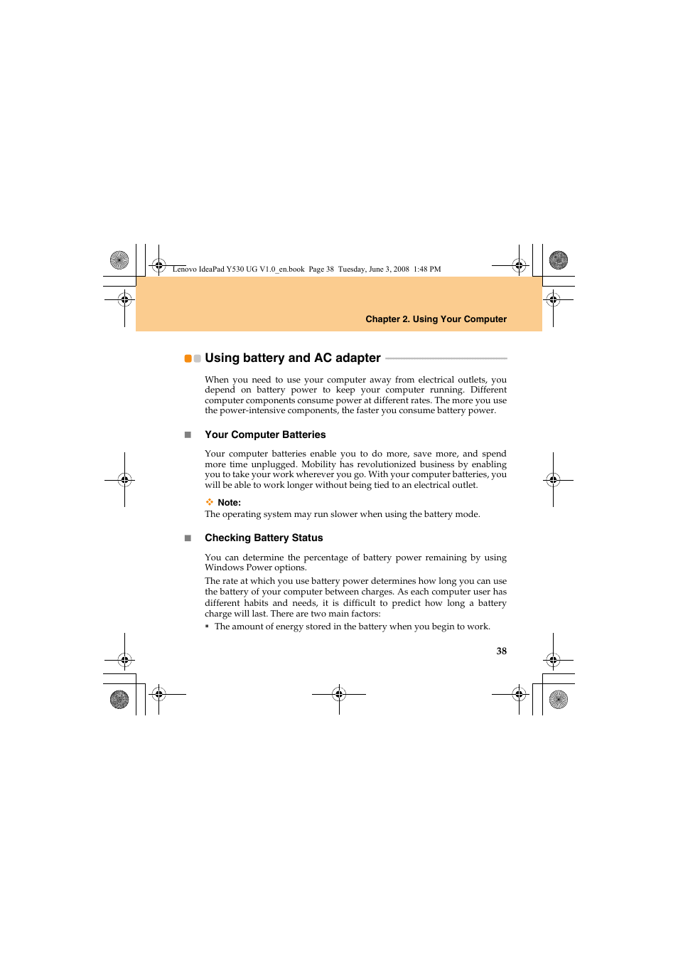 Using battery and ac adapter | Lenovo IdeaPad Y530 User Manual | Page 47 / 152