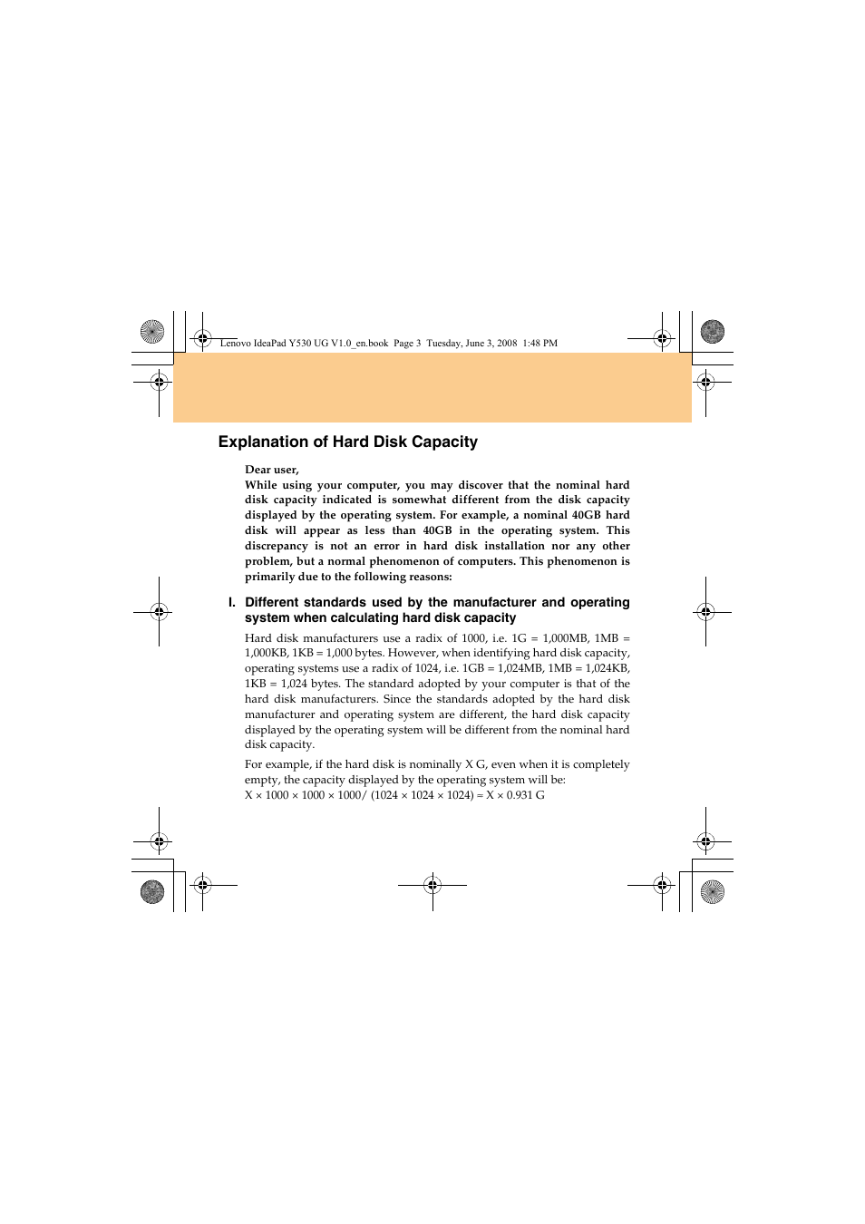 Explanation of hard disk capacity | Lenovo IdeaPad Y530 User Manual | Page 5 / 152