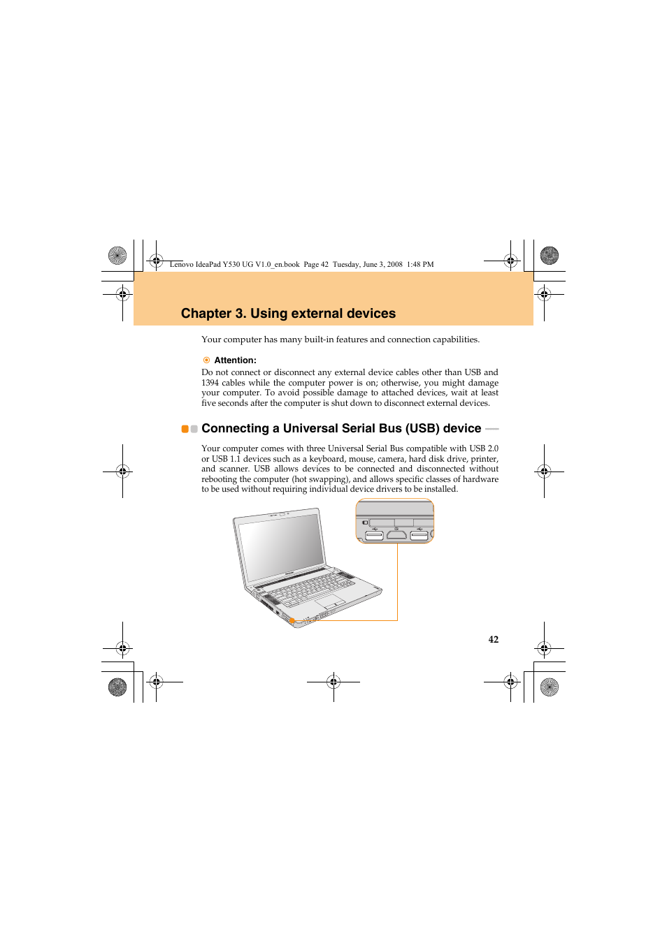 Chapter 3. using external devices, Connecting a universal serial bus (usb) device | Lenovo IdeaPad Y530 User Manual | Page 51 / 152