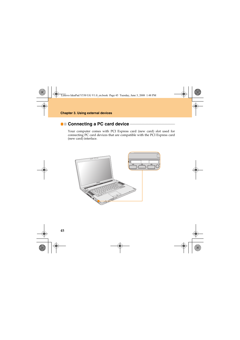 Connecting a pc card device | Lenovo IdeaPad Y530 User Manual | Page 54 / 152