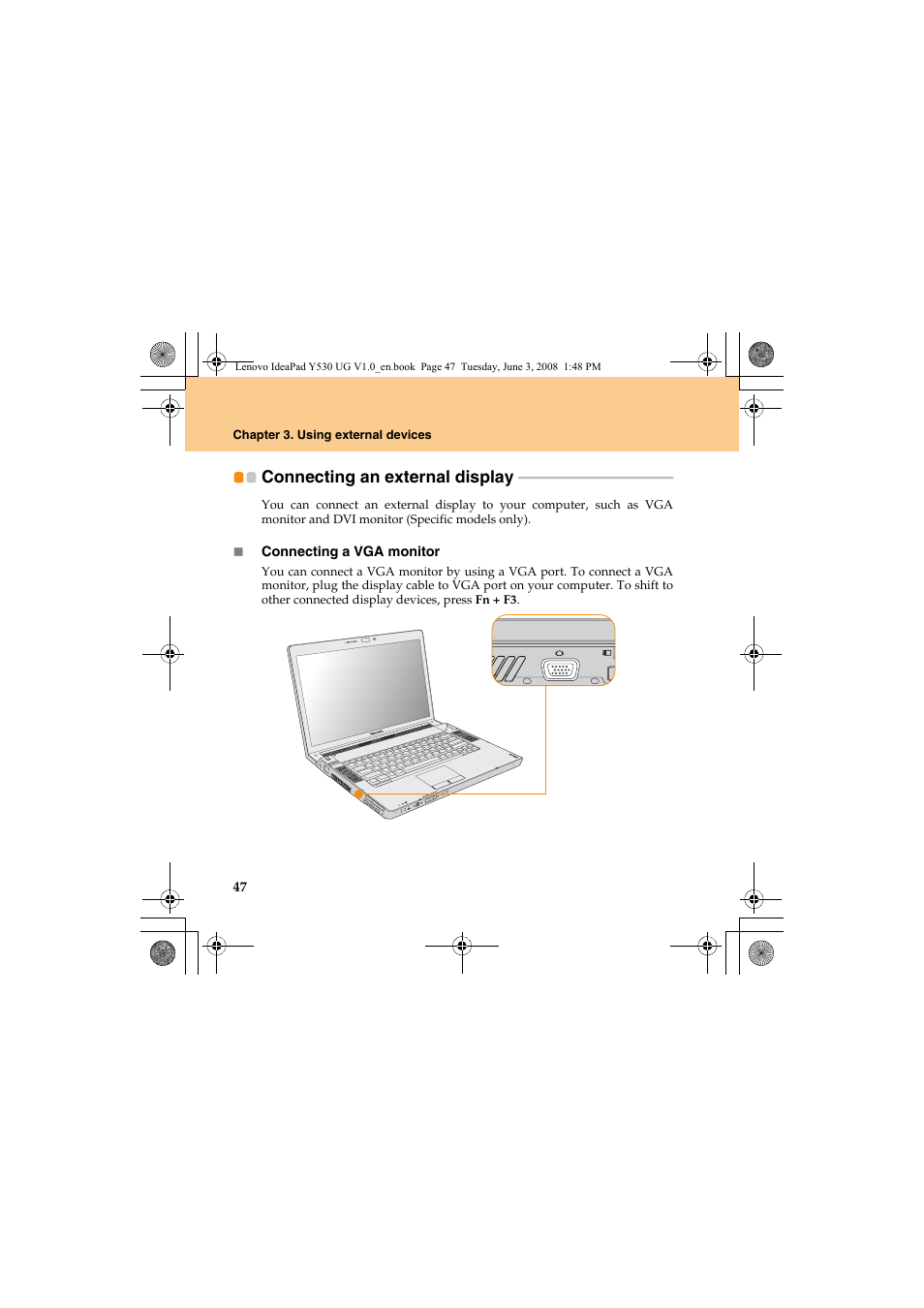 Connecting an external display | Lenovo IdeaPad Y530 User Manual | Page 56 / 152