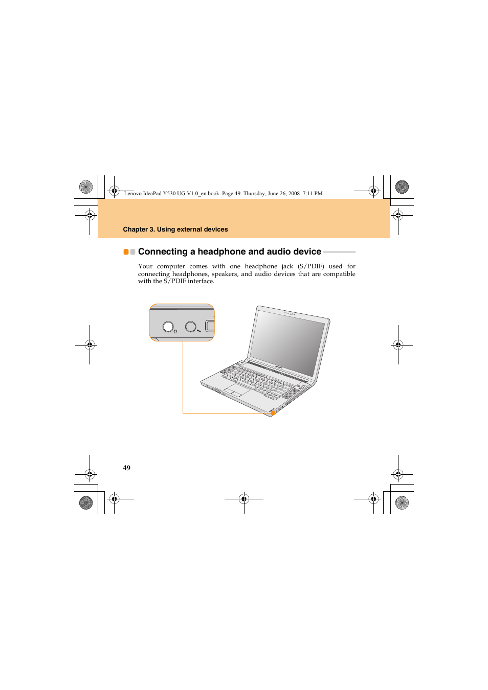 Connecting a headphone and audio device | Lenovo IdeaPad Y530 User Manual | Page 58 / 152