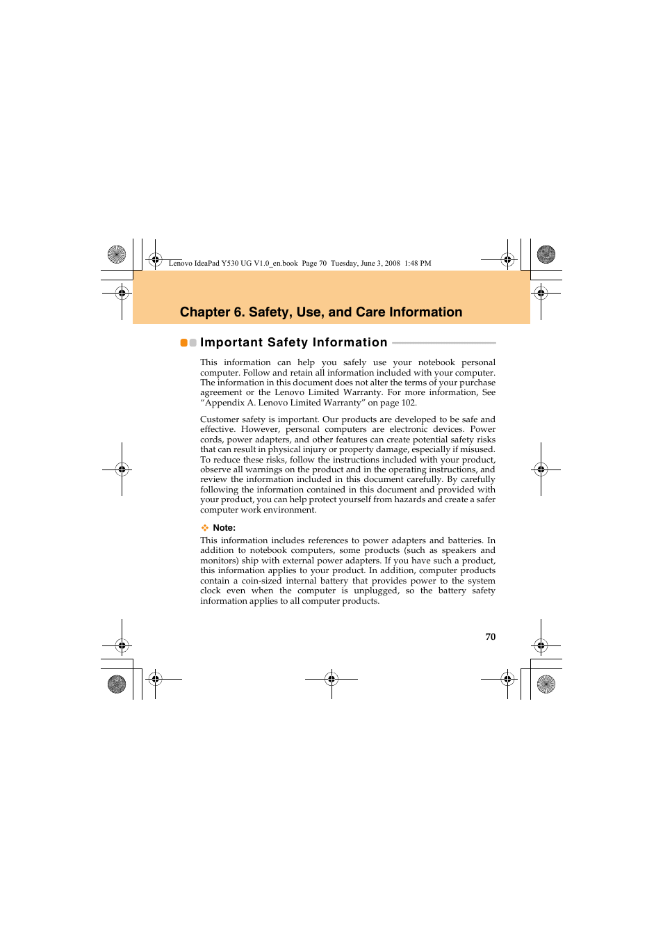 Chapter 6. safety, use, and care information, Important safety information | Lenovo IdeaPad Y530 User Manual | Page 79 / 152