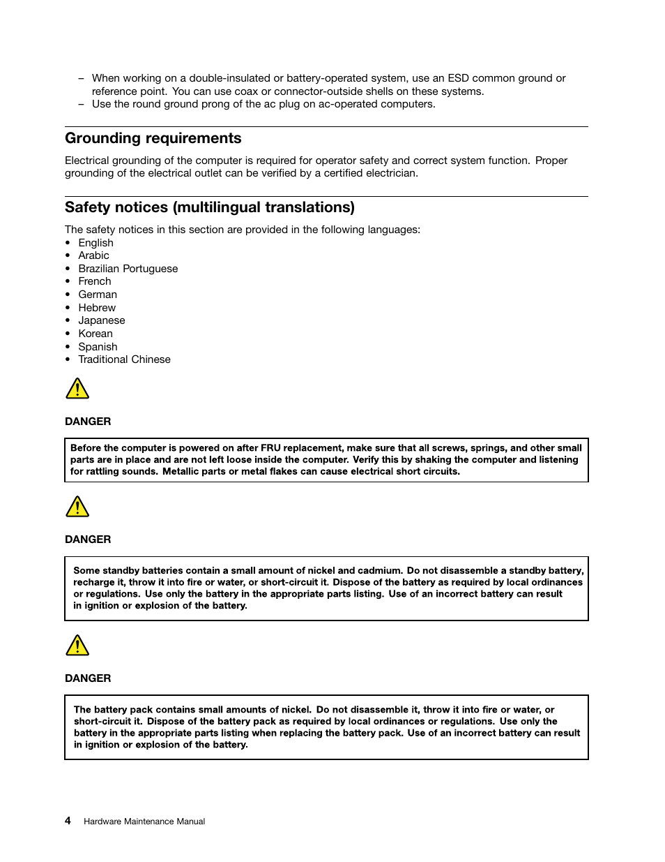 Grounding requirements, Safety notices (multilingual translations) | Lenovo ThinkPad Yoga 11e Chromebook User Manual | Page 10 / 84