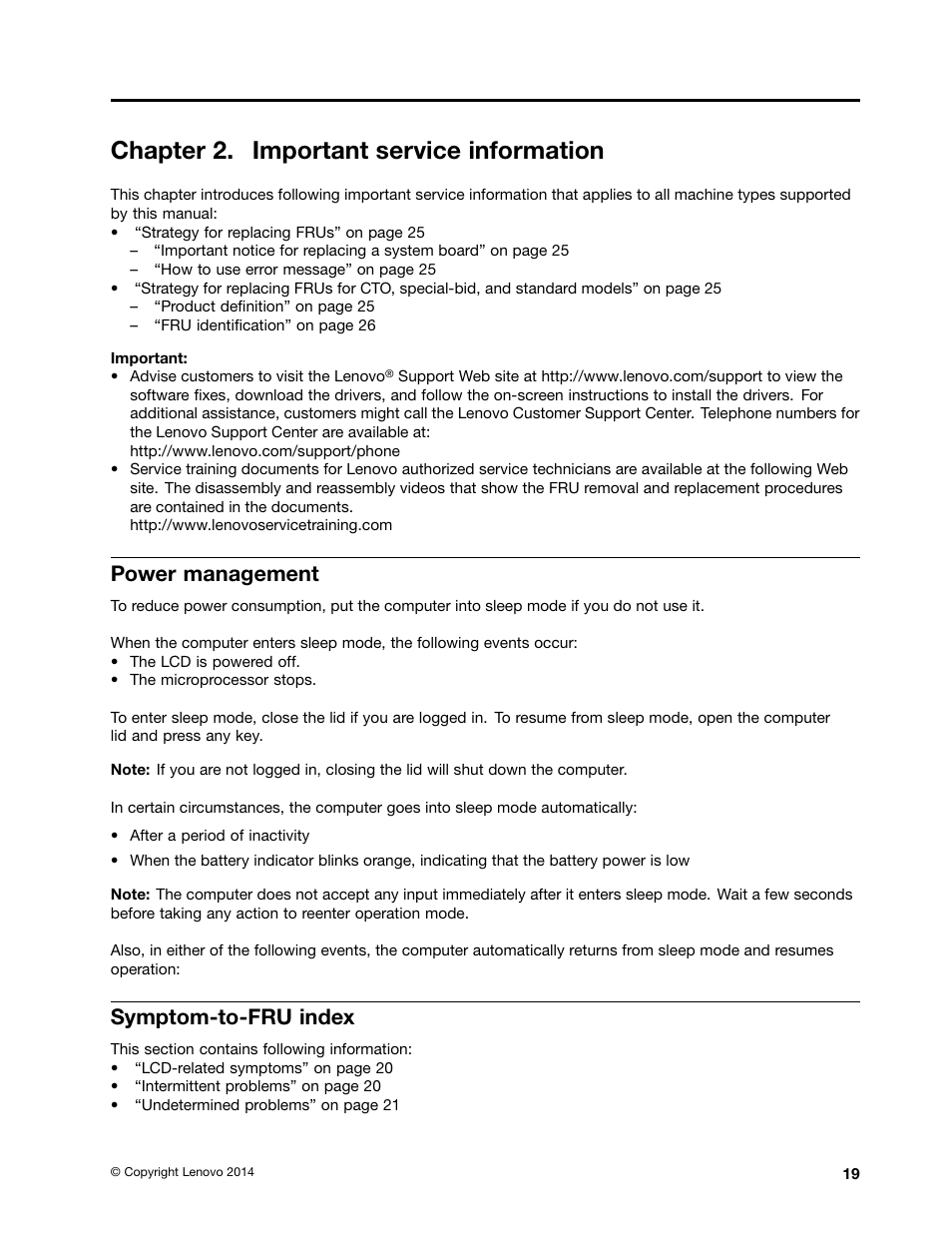 Chapter 2. important service information, Power management, Symptom-to-fru index | Lenovo ThinkPad Yoga 11e Chromebook User Manual | Page 25 / 84