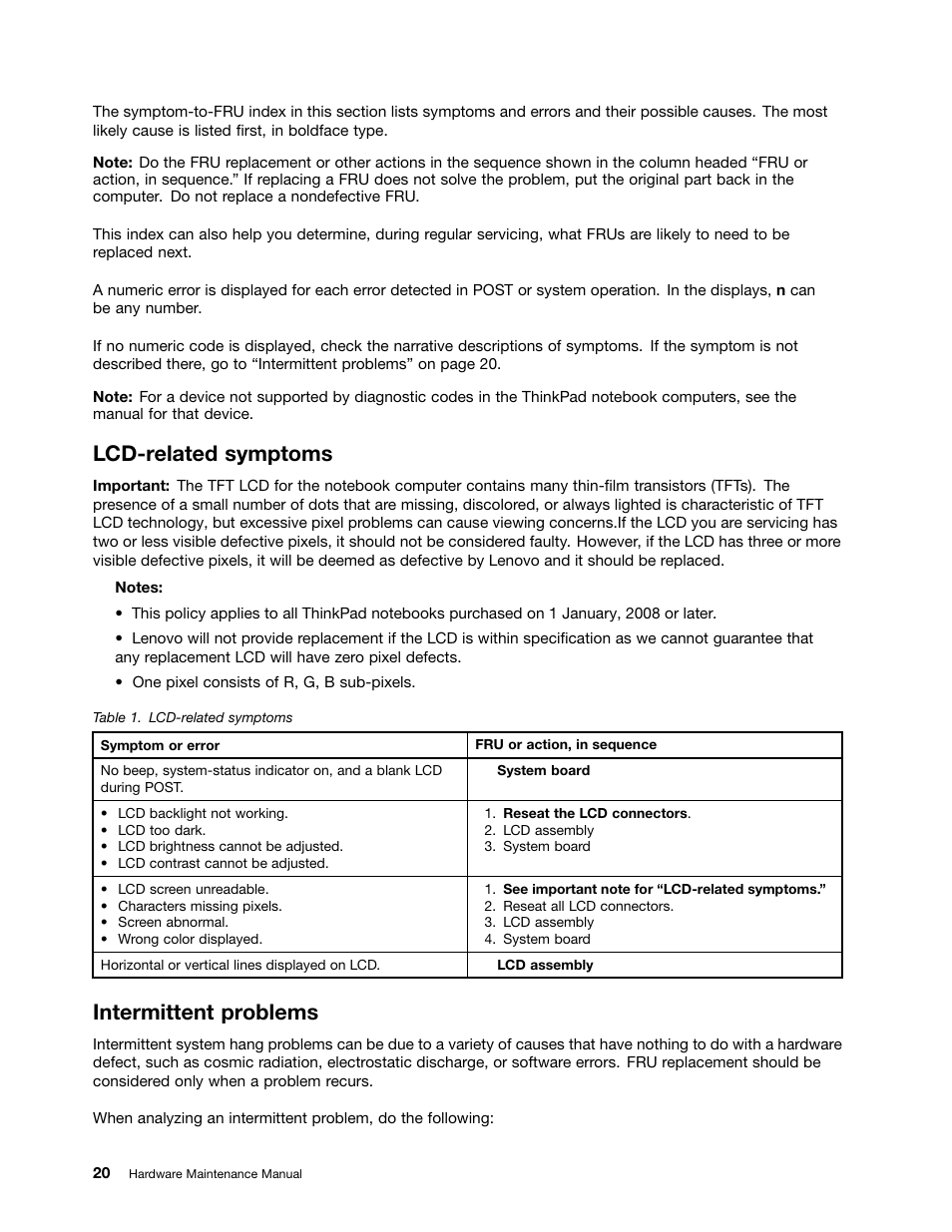 Lcd-related symptoms, Intermittent problems | Lenovo ThinkPad Yoga 11e Chromebook User Manual | Page 26 / 84