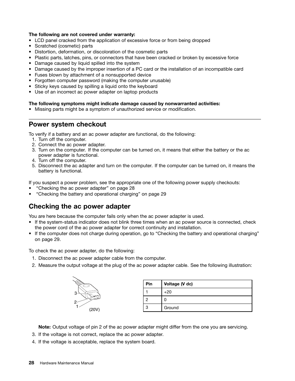 Power system checkout, Checking the ac power adapter | Lenovo ThinkPad Yoga 11e Chromebook User Manual | Page 34 / 84