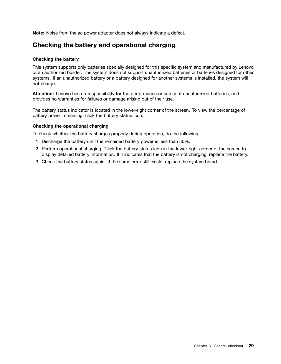 Checking the battery and operational charging | Lenovo ThinkPad Yoga 11e Chromebook User Manual | Page 35 / 84