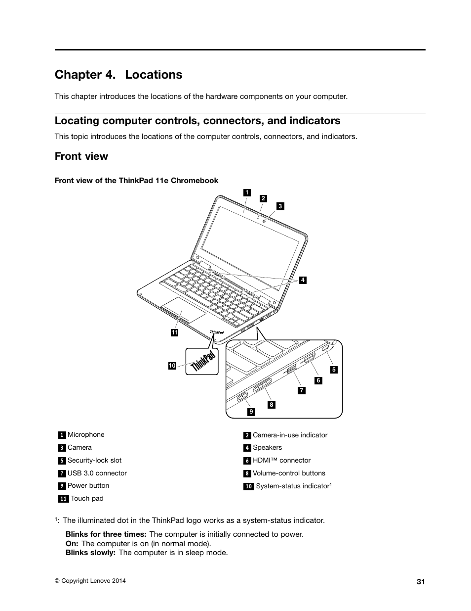 Chapter 4. locations, Front view | Lenovo ThinkPad Yoga 11e Chromebook User Manual | Page 37 / 84