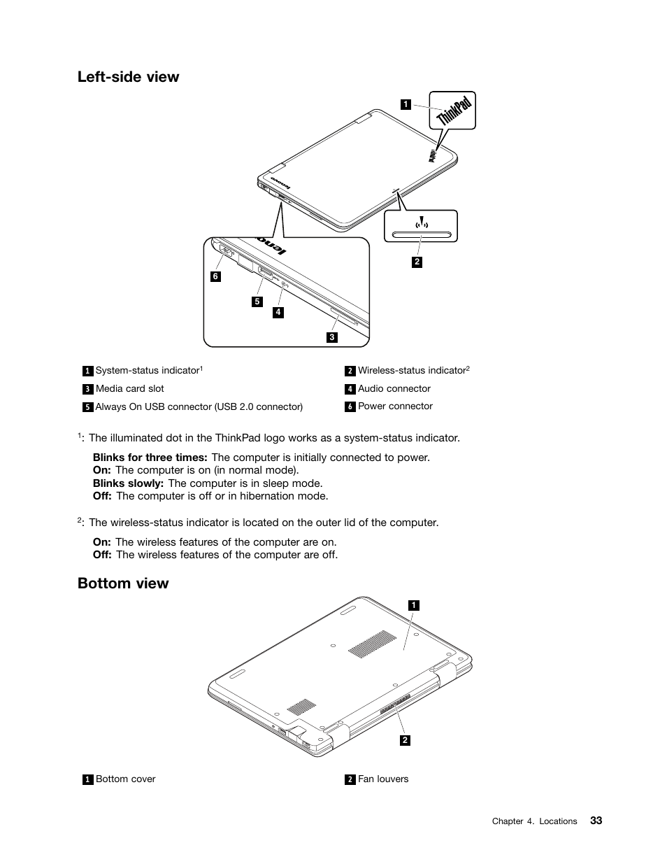 Left-side view, Bottom view | Lenovo ThinkPad Yoga 11e Chromebook User Manual | Page 39 / 84