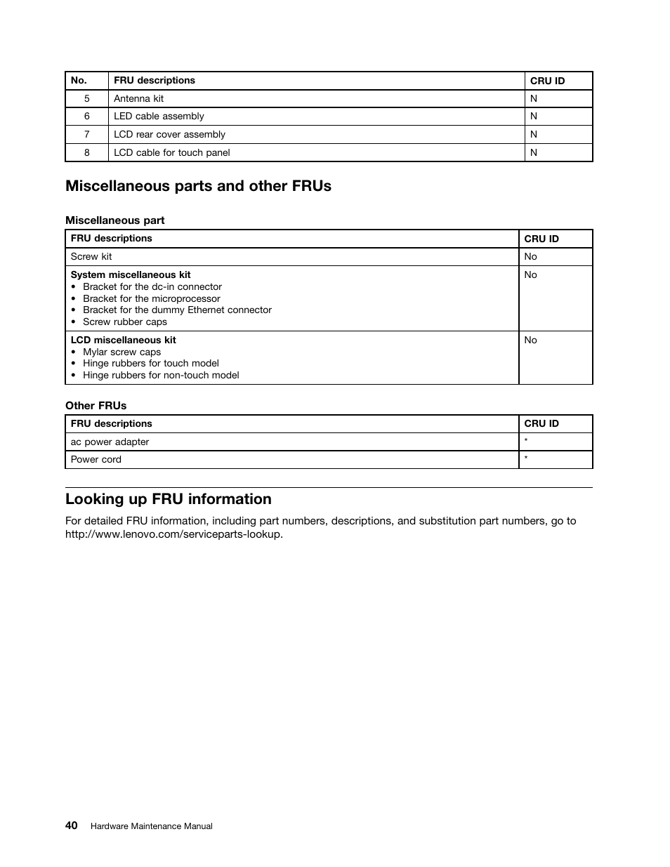 Miscellaneous parts and other frus, Looking up fru information | Lenovo ThinkPad Yoga 11e Chromebook User Manual | Page 46 / 84