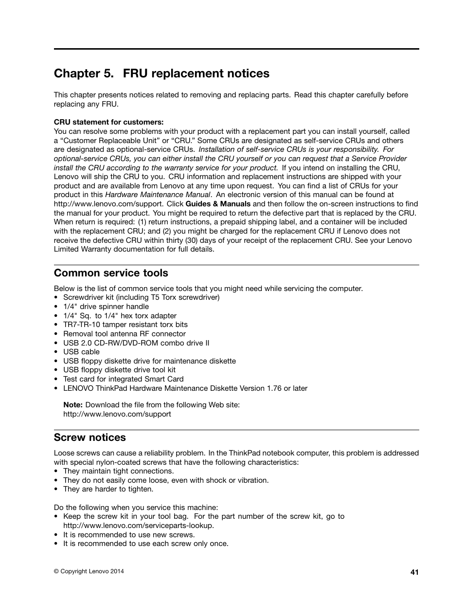 Chapter 5. fru replacement notices, Common service tools, Screw notices | Lenovo ThinkPad Yoga 11e Chromebook User Manual | Page 47 / 84