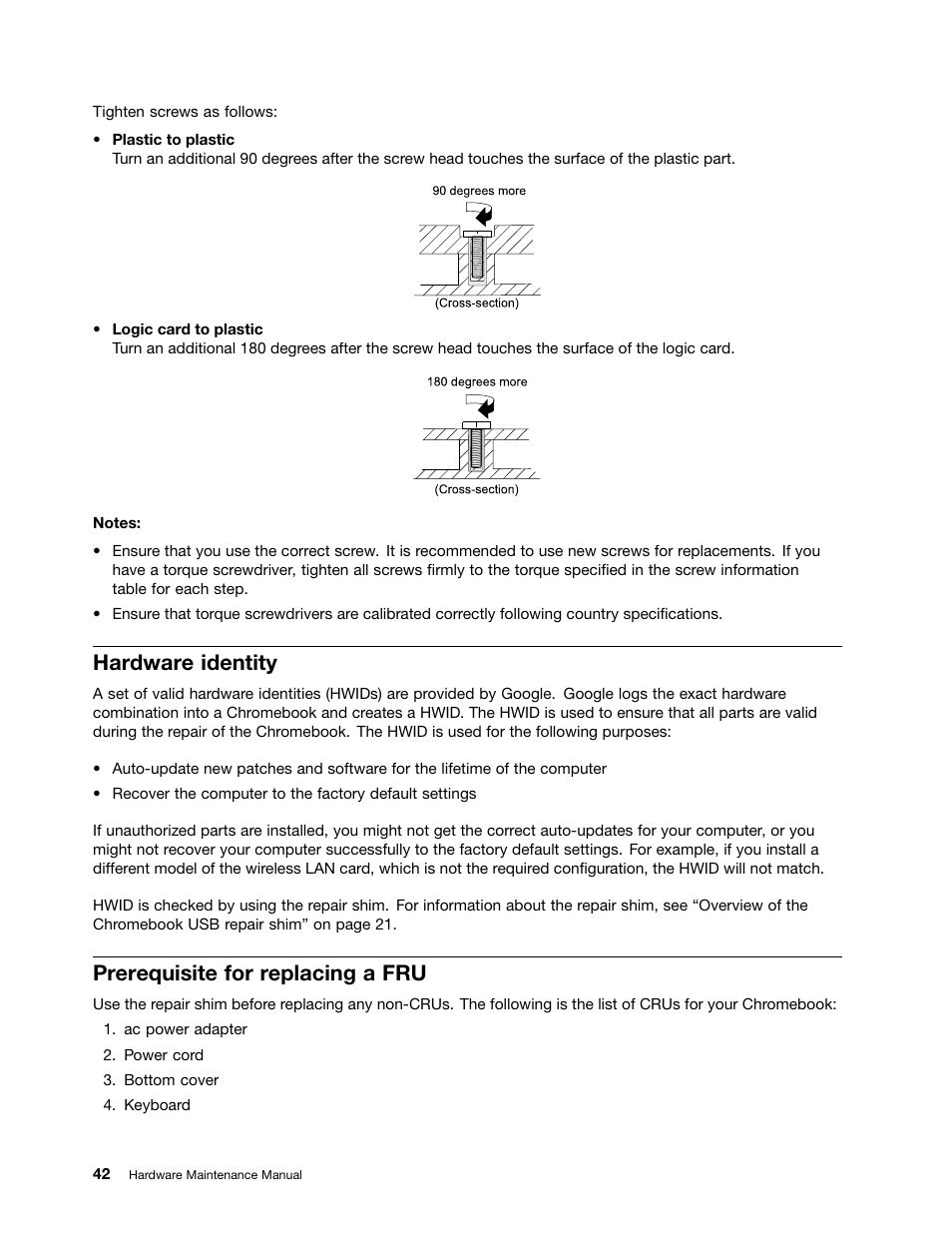 Hardware identity, Prerequisite for replacing a fru | Lenovo ThinkPad Yoga 11e Chromebook User Manual | Page 48 / 84