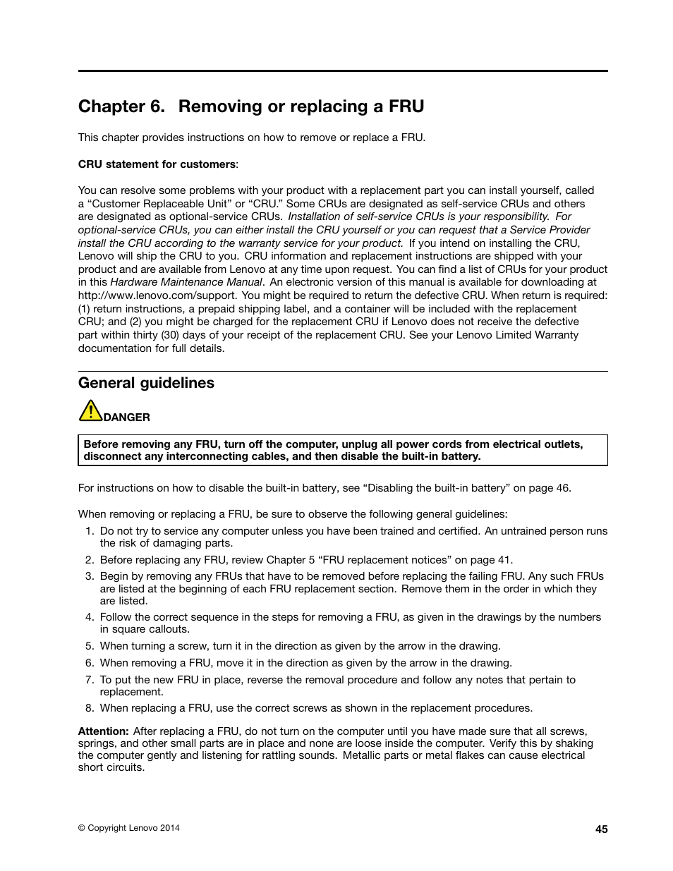 Chapter 6. removing or replacing a fru, General guidelines | Lenovo ThinkPad Yoga 11e Chromebook User Manual | Page 51 / 84