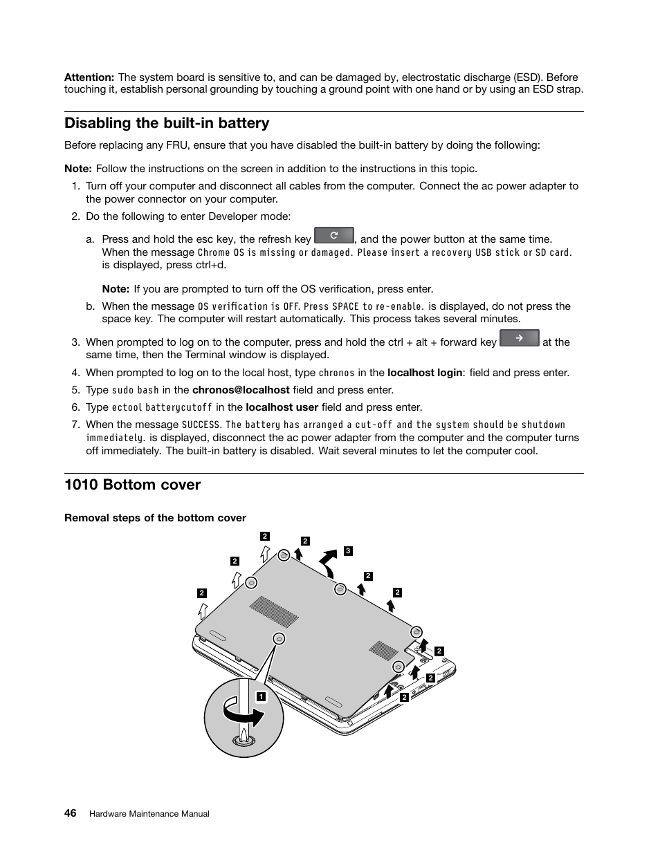 Disabling the built-in battery, 1010 bottom cover | Lenovo ThinkPad Yoga 11e Chromebook User Manual | Page 52 / 84